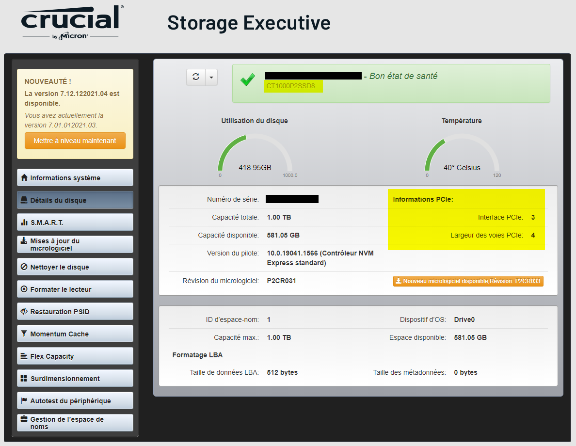 Impression d'écran Crucial Storage Executive